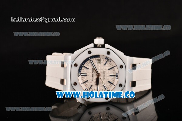 Audemars Piguet Royal Oak Offshore Diver Swiss ETA 2824 Automatic Ceramic Case with White Dial Blue Stick Markers and White Rubber Strap (NOOB) - Click Image to Close